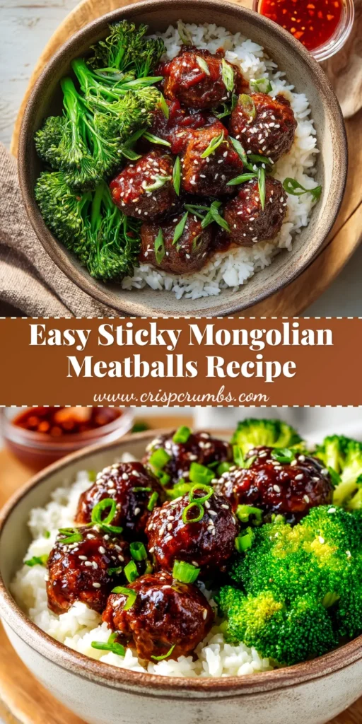 A bowl of delicious Sticky Mongolian Meatballs garnished with sesame seeds and green onions, showcasing the rich, glossy sauce. Perfect for a quick and easy dinner.