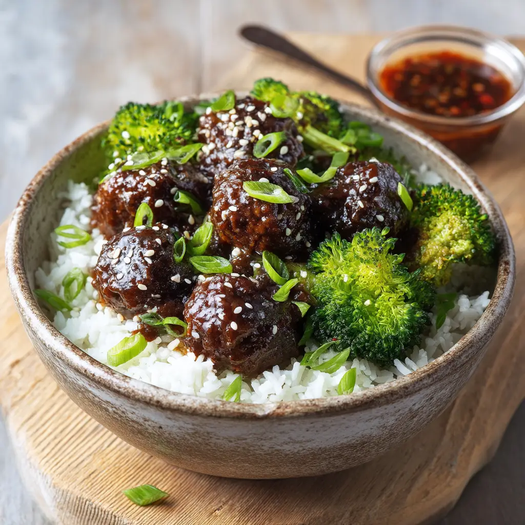 A beautiful serving of Sticky Mongolian Meatballs over a bed of fluffy white rice in a ceramic bowl.