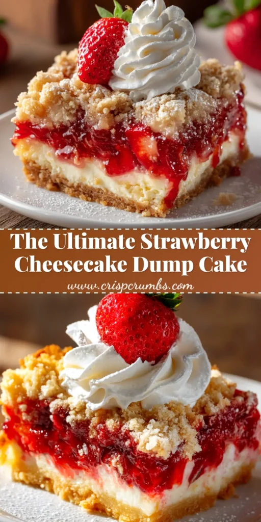 A beautiful overhead shot of a finished Strawberry Cheesecake Dump Cake in a white baking dish, showing the golden cake topping and bubbly strawberry filling.