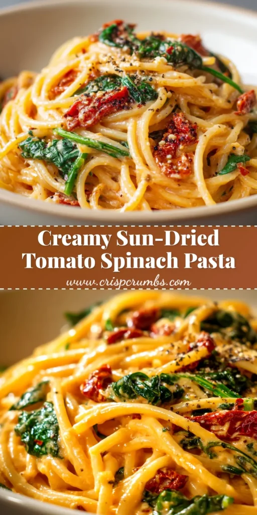 A large white bowl filled with pasta tossed in a rich and creamy sun-dried tomato cream sauce, garnished with fresh basil. A fork is twirling some of the pasta, showing off the texture of the sauce.