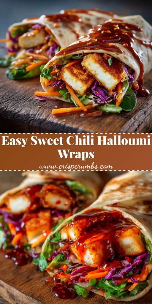 A vibrant overhead shot of two Sweet Chili Halloumi Wraps sliced in half, revealing crispy halloumi and fresh salad greens, ready to be shared.