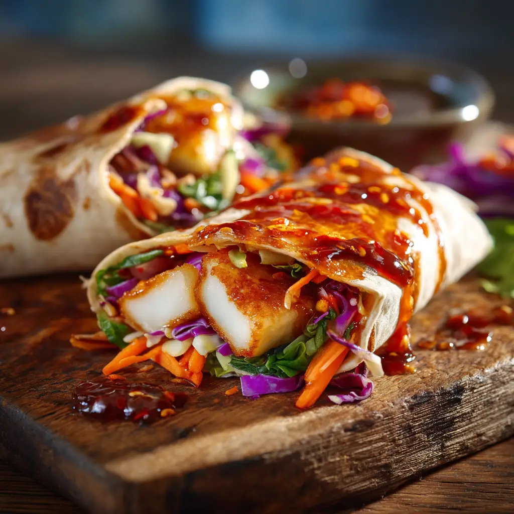 Two Sweet Chili Halloumi Wraps presented on a plate, showing the complete, delicious meal ready to be served for a quick lunch or dinner.