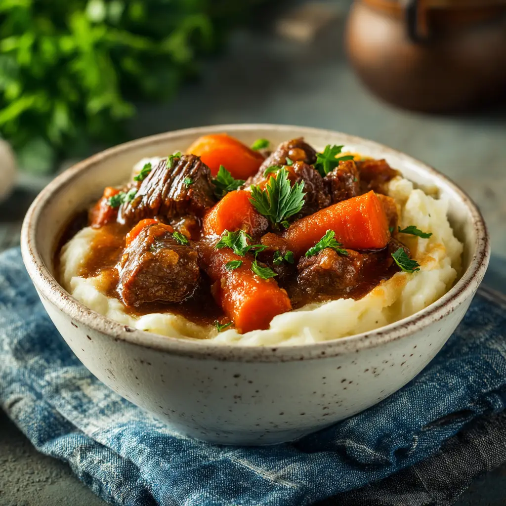 A close-up photograph of fork-tender beef and vegetables in a savory apple cider-infused sauce.