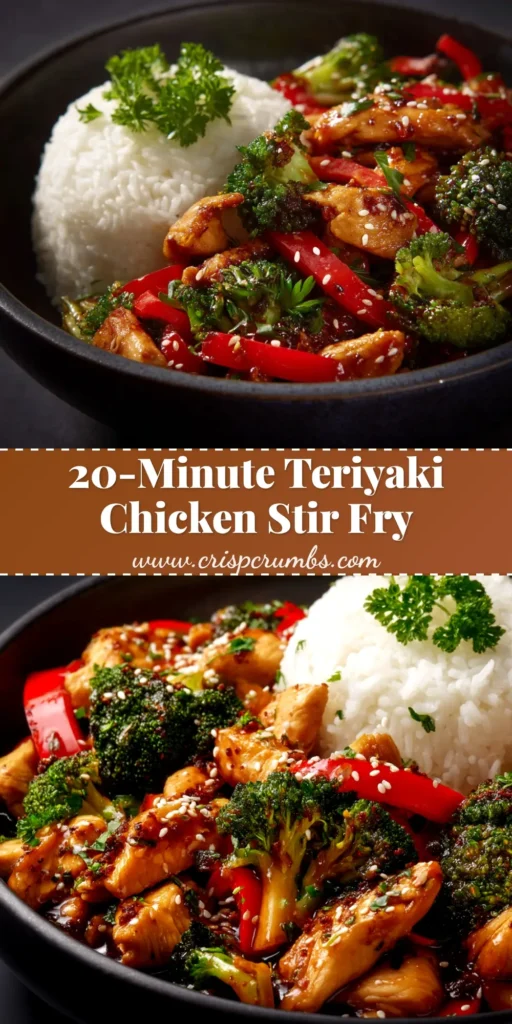 An overhead shot of a vibrant Teriyaki Chicken Stir Fry in a skillet, showcasing tender chicken, broccoli, and red peppers in a glossy sauce. A perfect quick weeknight dinner idea.