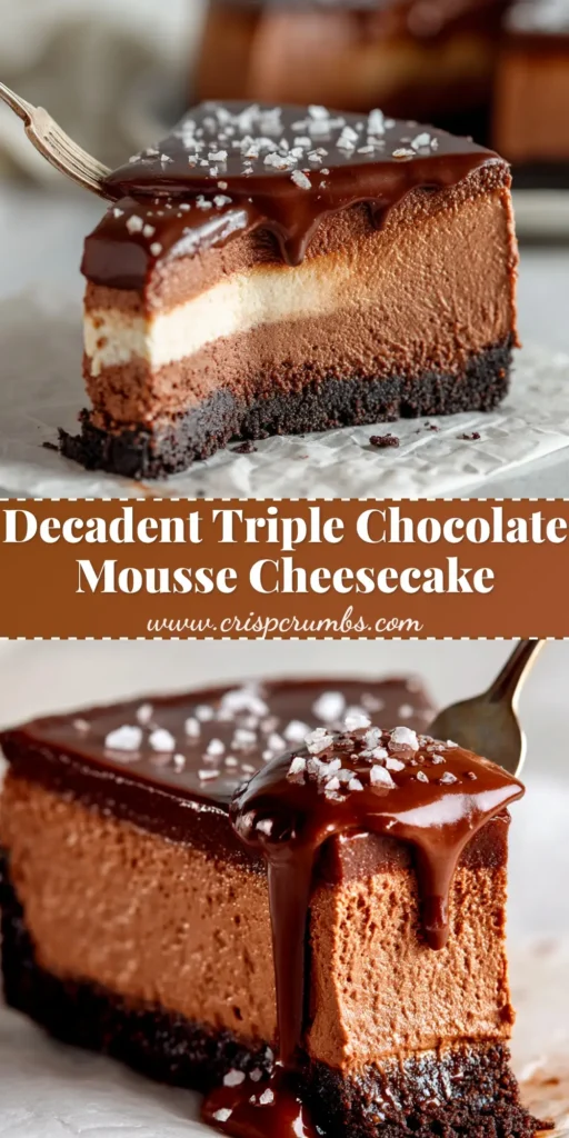 A stunning slice of Triple Chocolate Mousse Cheesecake on a white plate, showing the distinct dark, milk, and white chocolate layers on an Oreo crust.