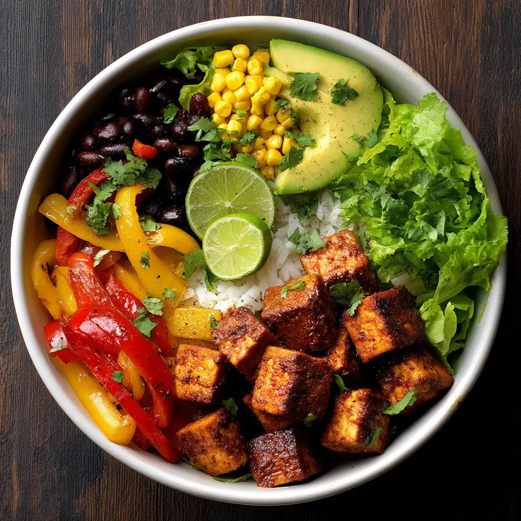 A fully assembled vegan burrito bowl with spicy tofu, rice, beans, corn, and fresh toppings, ready to be eaten.