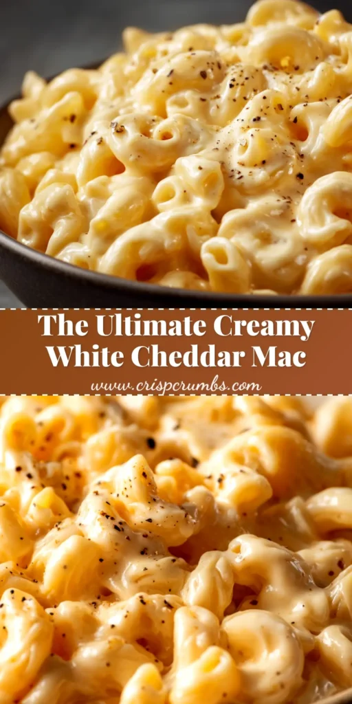 An overhead shot of creamy white cheddar mac and cheese in a white bowl, ready to be eaten. The perfect recipe for rich, homemade comfort food.