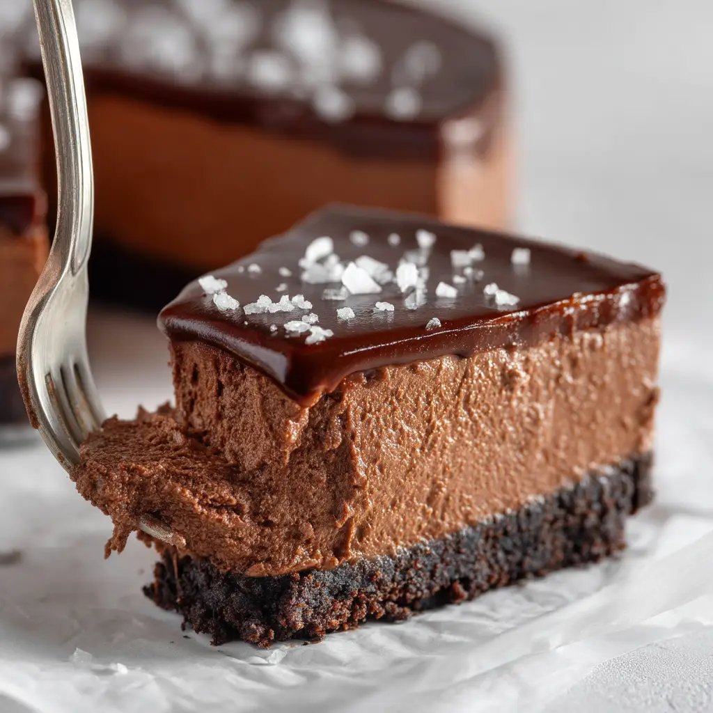 A close-up overhead view of the finished Triple Chocolate Mousse Cheesecake, showing the distinct, beautiful layers before it's sliced.