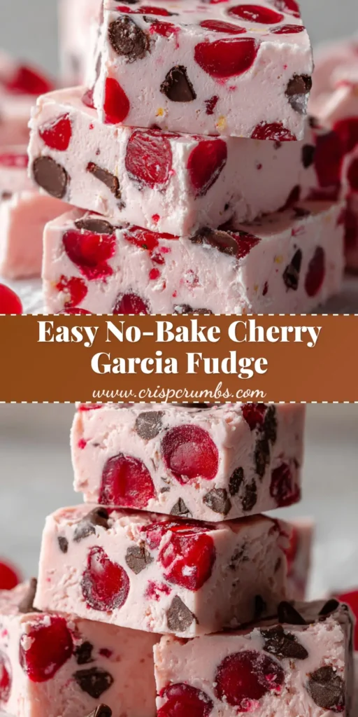 A close-up shot of thick squares of Cherry Garcia fudge stacked on crumpled white parchment paper revealing juicy cherries and dark chocolate chunks.