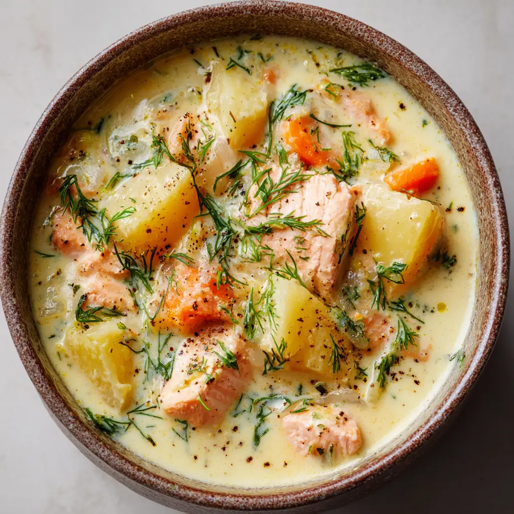 Side angle of a handheld smartphone photo showing creamy Salmon Chowder clinging to the edges of a ceramic bowl, garnished with dill and black pepper.