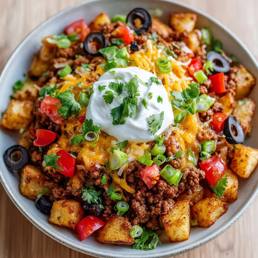 Close-up showing the savory browned crumbled ground beef taco meat resting on golden-brown roasted potato cubes.