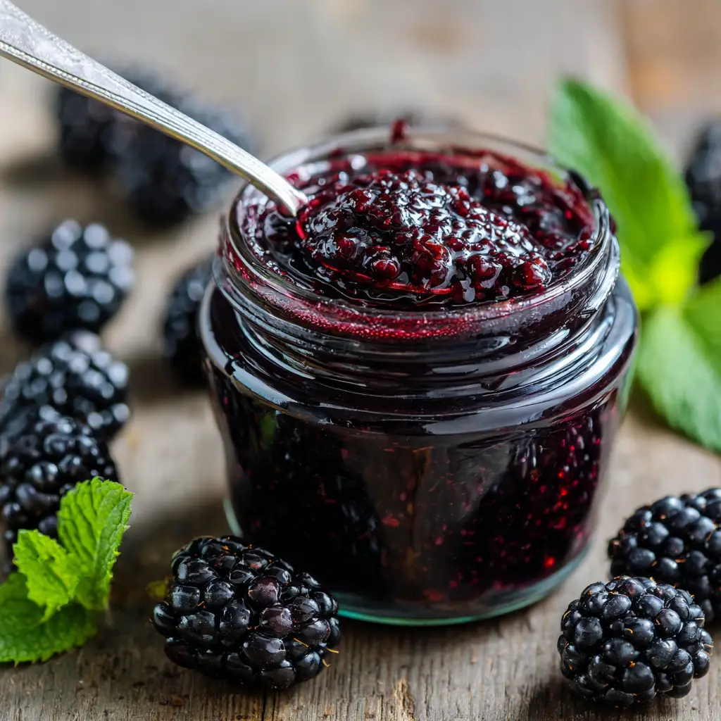 Close-up of a silver spoon heavily coated with sticky, glistening Homemade Blackberry Jam resting inside a clear mason jar.