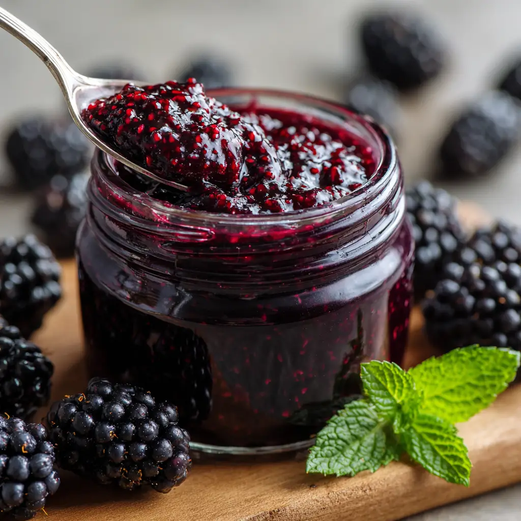 Deep dark purple Homemade Blackberry Jam showing distinct crushed berry textures and tiny seeds suspended in a dense spread.
