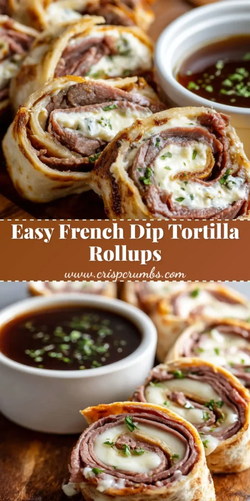 A rustic wooden cutting board featuring one-inch thick French Dip Tortilla Rollups with melted white provolone, roast beef, and cream cheese, served with dark brown au jus and garnished with parsley and scallions.