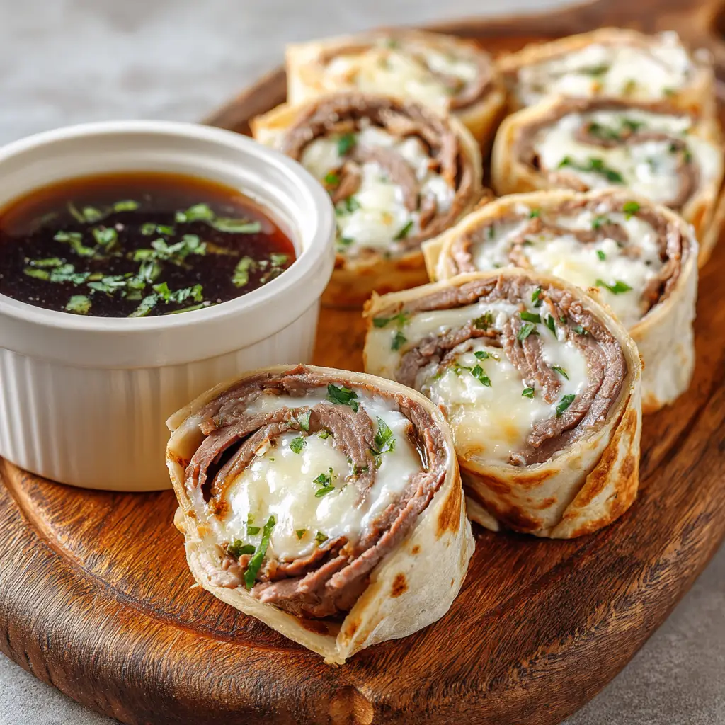 Close-up of freshly sliced French Dip Tortilla Rollups revealing layers of thinly sliced cooked brown roast beef and smooth cream cheese spread on a soft flour tortilla.