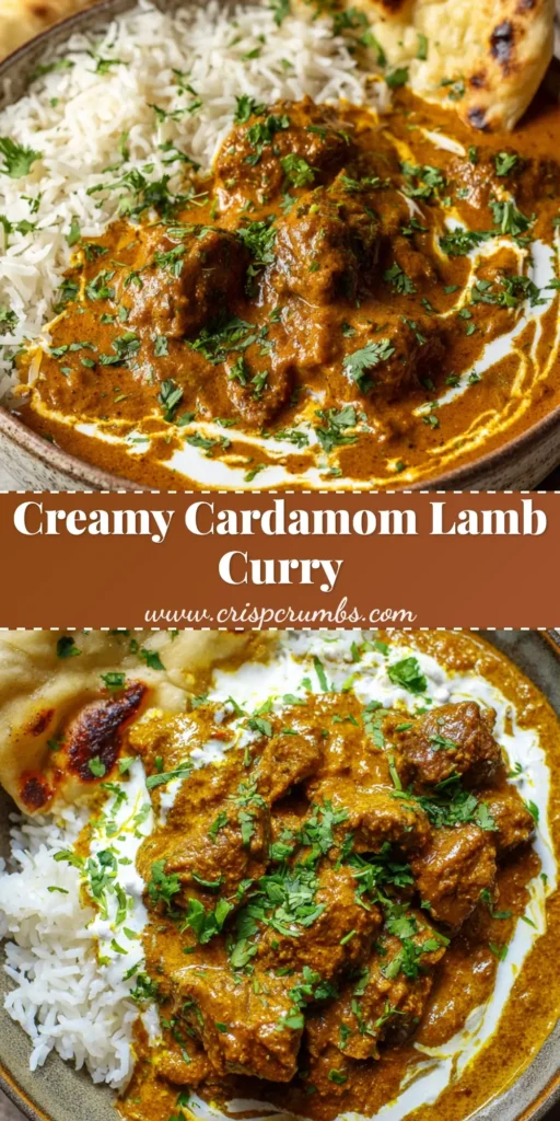 A rustic ceramic bowl filled with a thick, glossy, golden-orange creamy cardamom lamb curry, finished with a smooth white swirl of coconut cream and fresh cilantro.