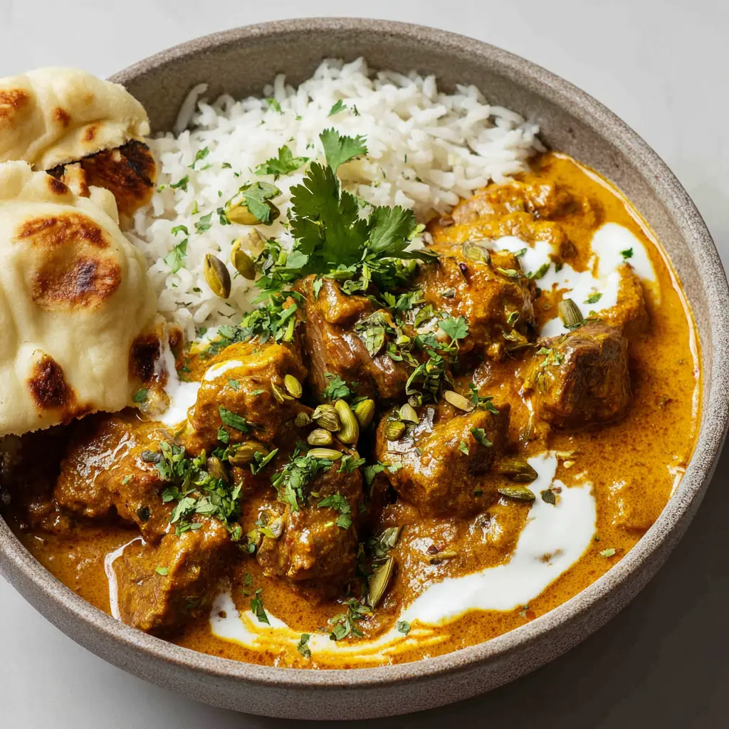 Creamy cardamom lamb curry garnished with whole green cardamom pods, fresh green cilantro, and a swirl of coconut cream next to fluffy basmati rice.