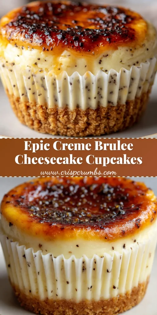 A close up shot of a Creme Brulee Cheesecake Cupcake sitting in a white parchment liner on a plain ceramic plate, showing the golden brown crust and dark amber sugar top.
