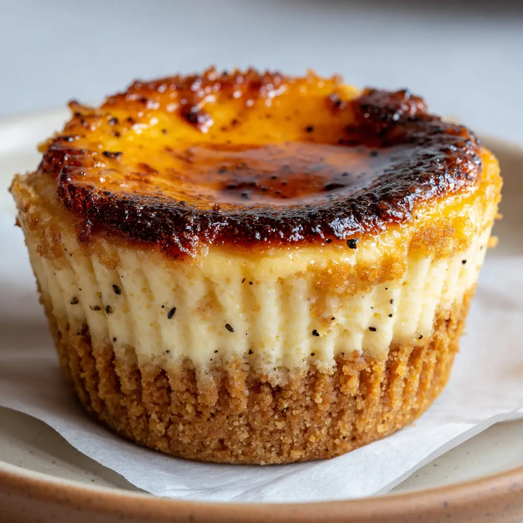 A halved Creme Brulee Cheesecake Cupcake revealing the thick layer of creamy pale ivory vanilla bean cheesecake and graham cracker base.
