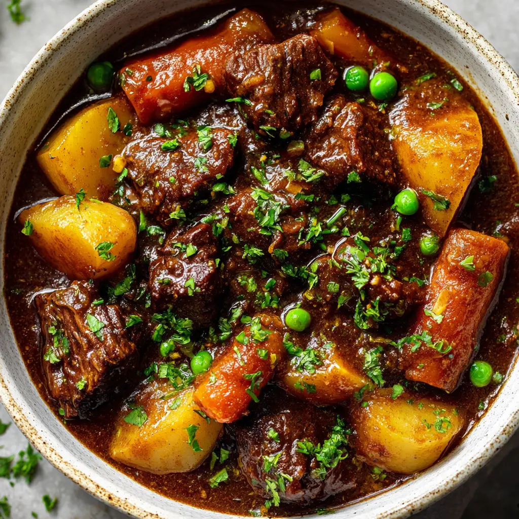 A beautiful serving of slow-cooked beef stew garnished with freshly chopped green parsley.