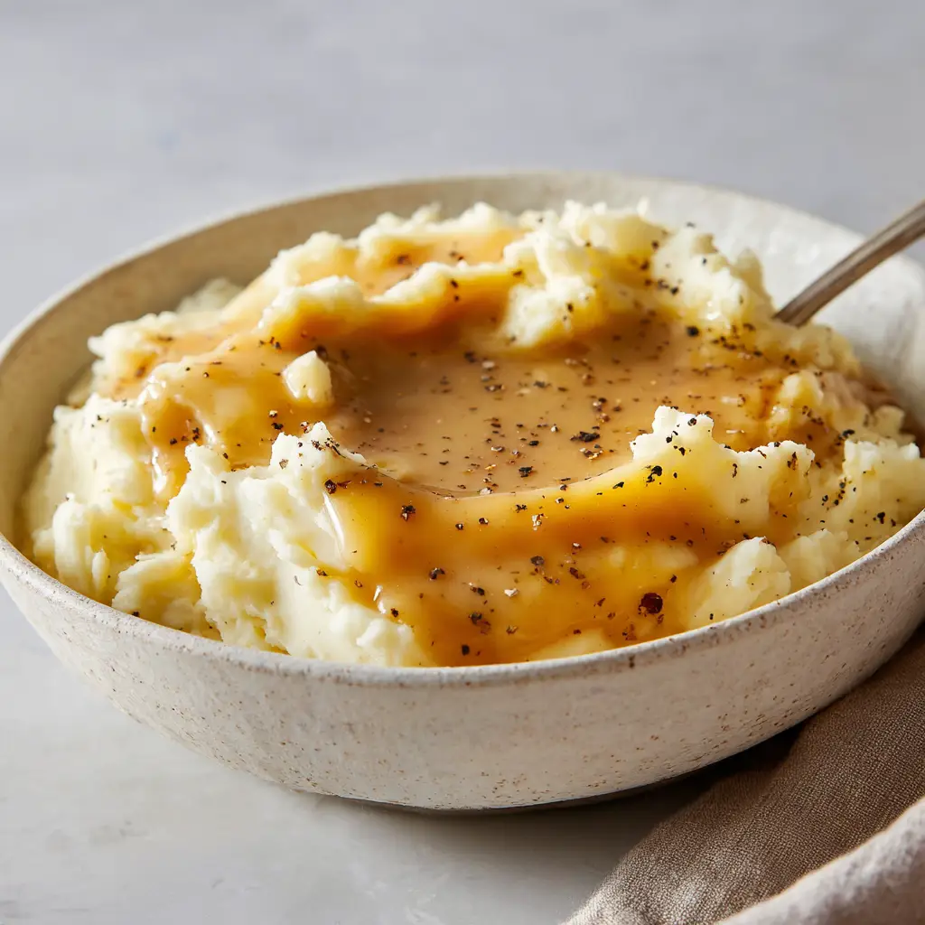Visible specks of coarse black pepper suspended in golden-brown homemade Copycat KFC Gravy.