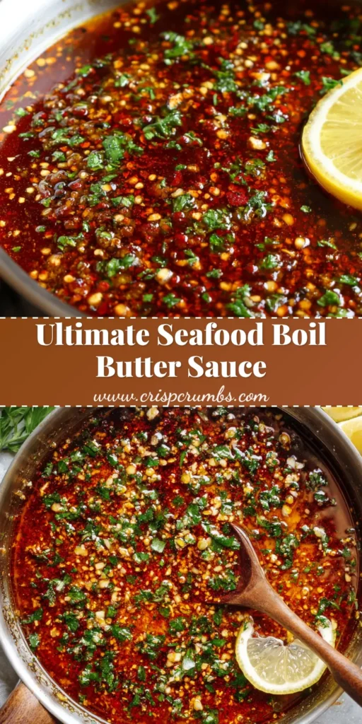 A deep red-orange, rich, melted butter Seafood Boil Sauce densely packed with tiny translucent minced garlic bits, finely chopped white onions, and floating red chili flakes.