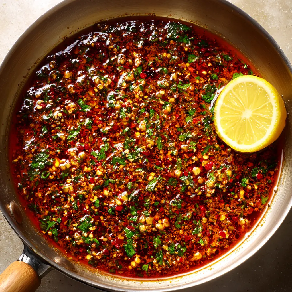 Close up of glossy Cajun garlic butter sauce heavily infused with a grainy coating of spices.
