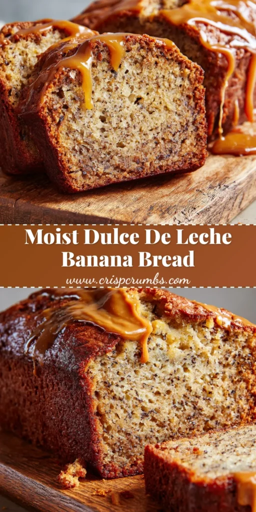 A thick slice of Dulce de Leche Banana Bread resting against a loaf on a wooden cutting board showing thick amber swirls.