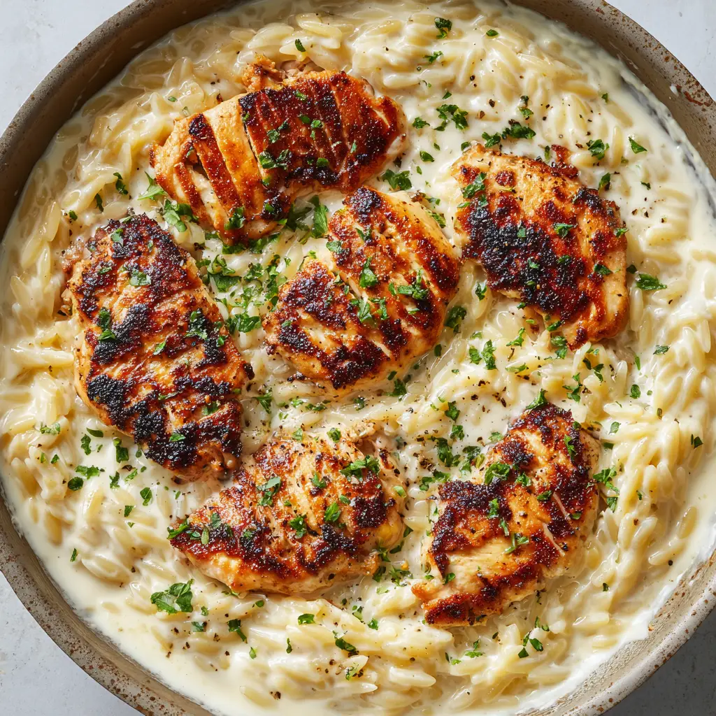 Melted pools of garlic and herb Boursin cheese swirled into creamy cooked orzo pasta garnished with fresh green parsley flakes and cracked black pepper.