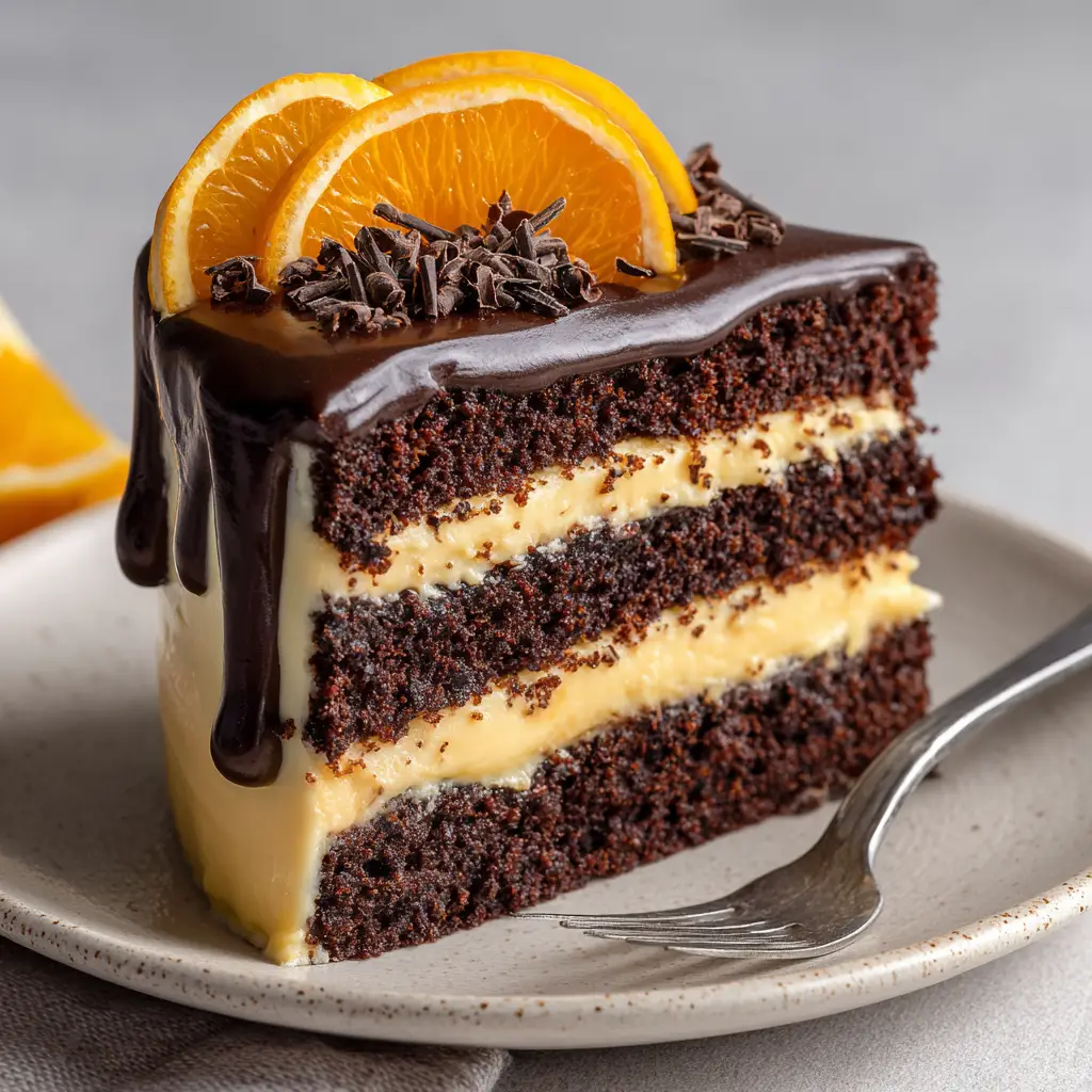 A thick, highly glossy dark chocolate ganache pouring over the top layer of an orange cream-filled chocolate cake.