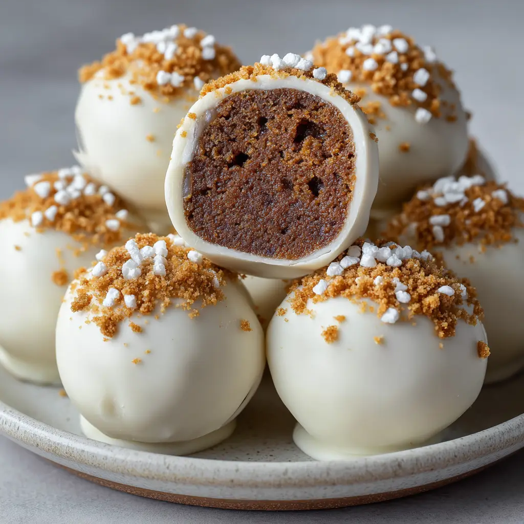 Bite-sized round Gingerbread Truffles resting on a simple light grey ceramic plate, featuring a dense, dark brown spiced cookie dough interior.