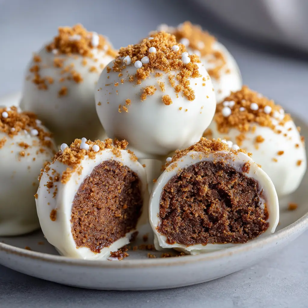 Gingerbread Truffles with glossy white chocolate coating, ground cinnamon dusting, and crushed golden-brown cookie crumbs on top.