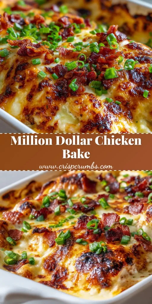 A close-up shot of a freshly baked Million Dollar Chicken Bake in a white ceramic dish, covered in melted mozzarella, blistered cheese spots, bacon, and green onions.