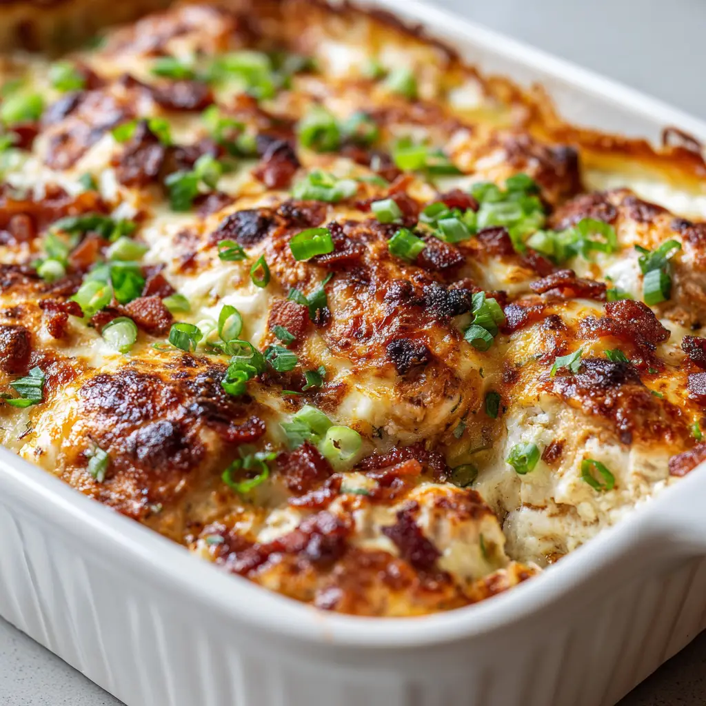 Thick tender baked chicken cuts completely smothered in a rich, bubbly, melted cream cheese and mozzarella sauce.