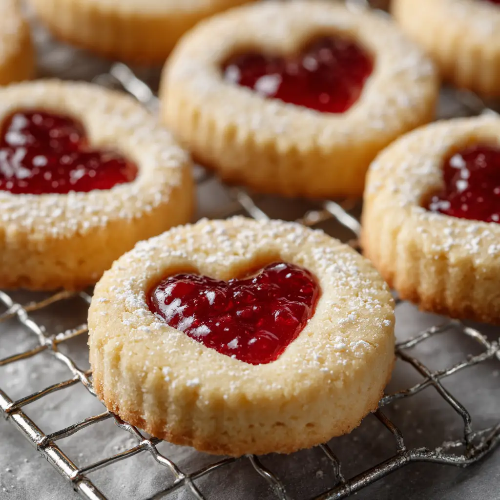 Close-up of golden brown round buttery shortbread Jam Thumbprint Cookies featuring distinct heart-shaped indentations filled with glossy bright red fruit jam.