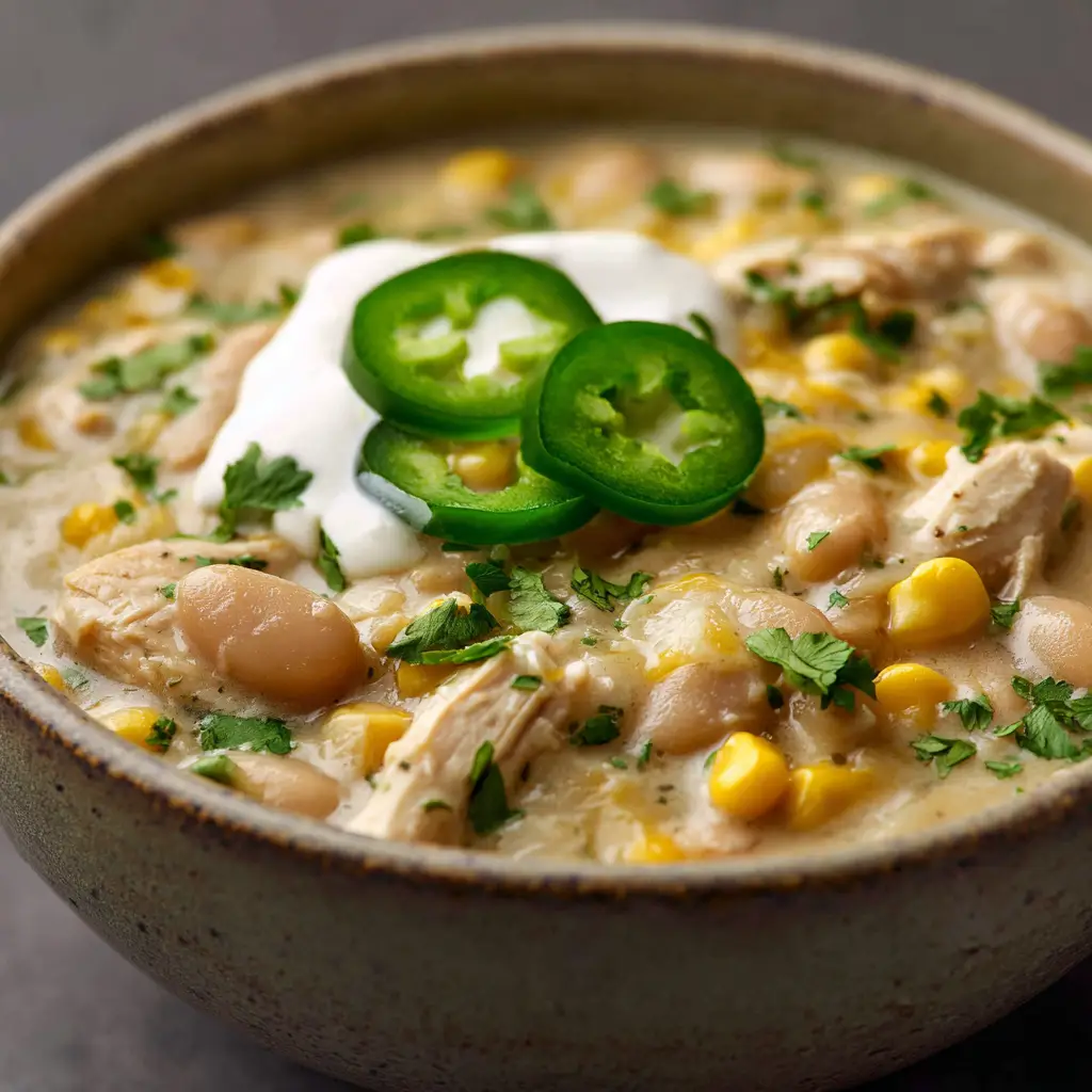 Close-up view of an opaque cream cheese-infused off-white broth filled with hearty chunks of cooked chicken breast, white cannellini beans, and sweet yellow corn.