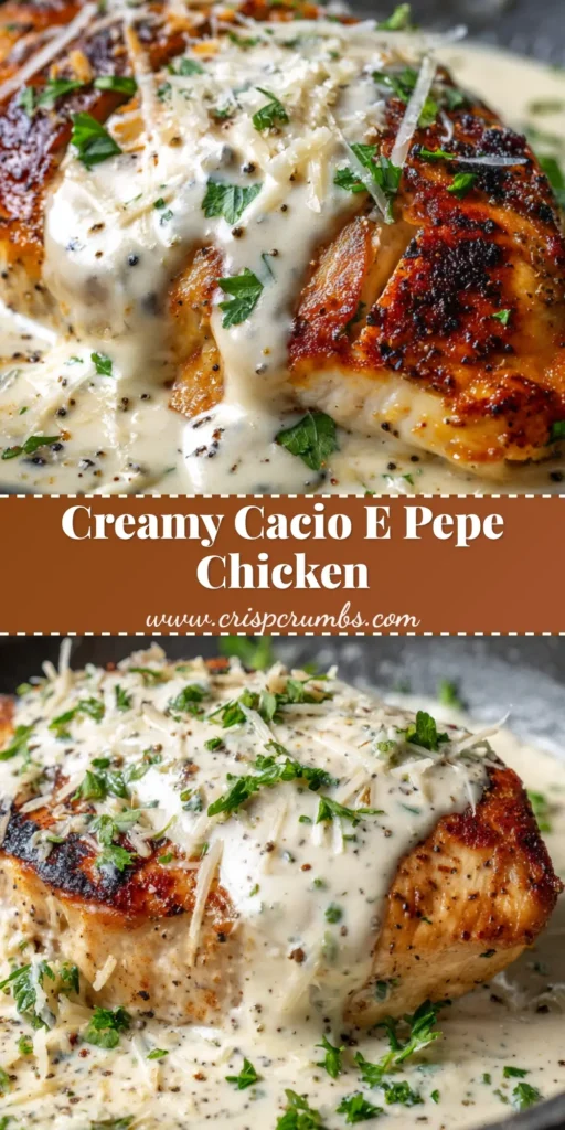 A pan-seared golden-brown Cacio E Pepe Chicken breast smothered in a thick white cream sauce, heavily speckled with coarse black pepper and fresh parsley.