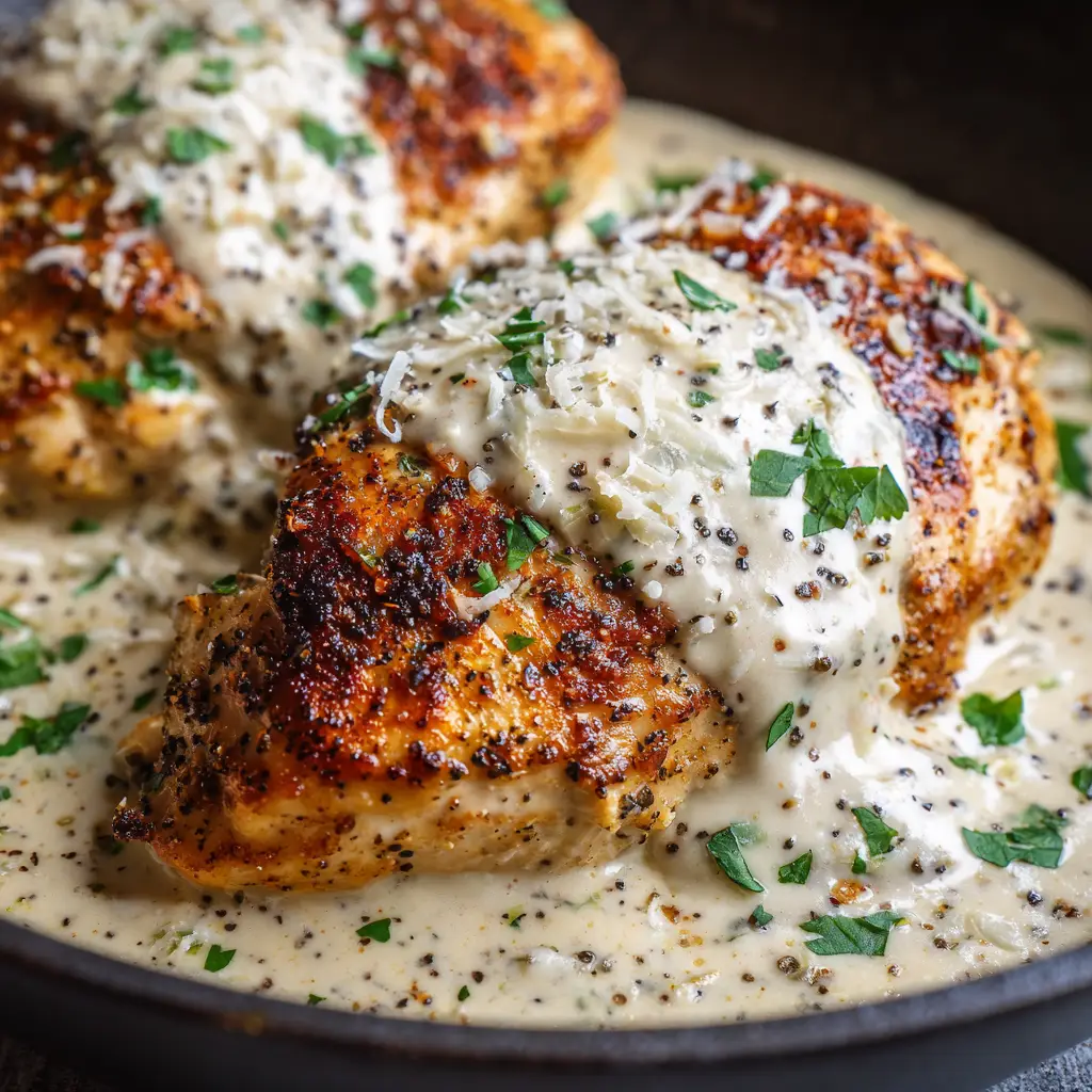 Close-up of golden-brown chicken with a charred edge, coated in a glossy cheese sauce with cracked black pepper in a dark matte skillet.