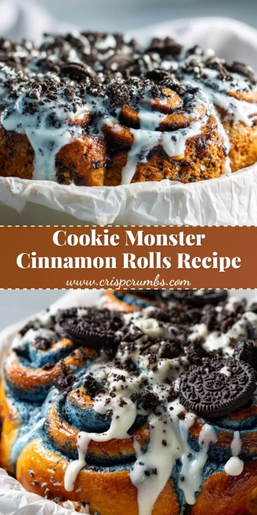 A close up of freshly baked Cookie Monster Cinnamon Rolls made of bright blue dough, dark brown cinnamon swirl, cream cheese glaze, and crushed chocolate sandwich cookies.