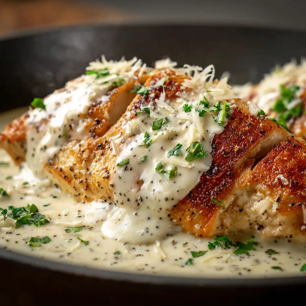 Overhead view of Cacio E Pepe Chicken with fine flakes of green parsley and Pecorino shavings scattered over a glossy peppery cream sauce.