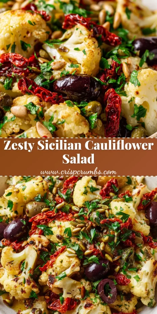 A rustic white ceramic bowl filled with vibrant Sicilian cauliflower salad, featuring golden-brown charred florets, colorful olives, and sun-dried tomatoes.