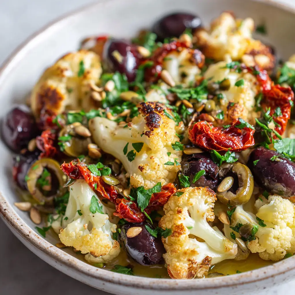 A glossy light yellow lemon-olive oil dressing coating Kalamata and Castelvetrano olives in a Sicilian cauliflower salad.