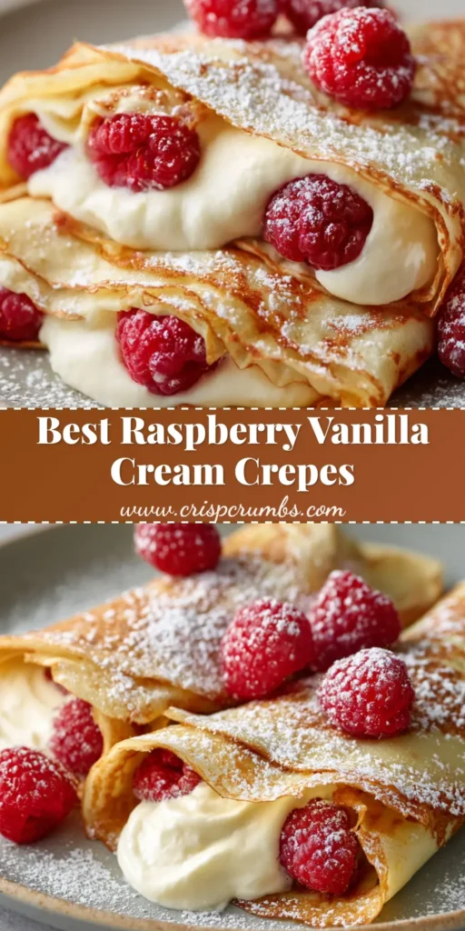 A close up shot of thin, lightly golden-brown folded crepes resting on a matte ceramic plate, generously filled with thick, fluffy white vanilla cream and fresh whole red raspberries.