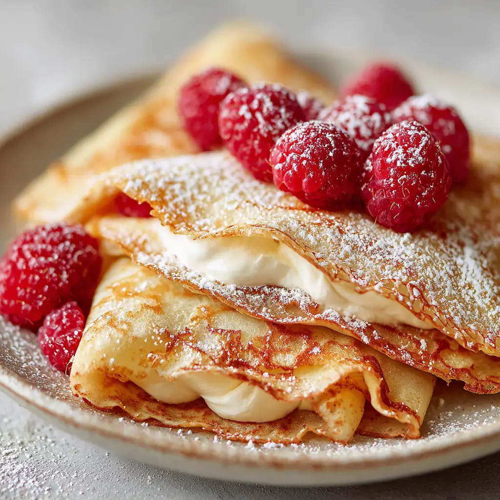 Close up of golden-brown folded crepes filled with fluffy white vanilla cream and red raspberries dusted with powdered sugar.