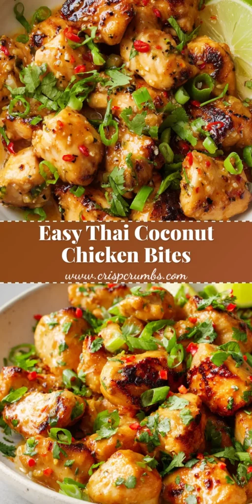 Bite-sized Thai Chicken Bites glistening with a creamy orange-tinted coconut glaze, garnished with fresh cilantro and red chili flakes.