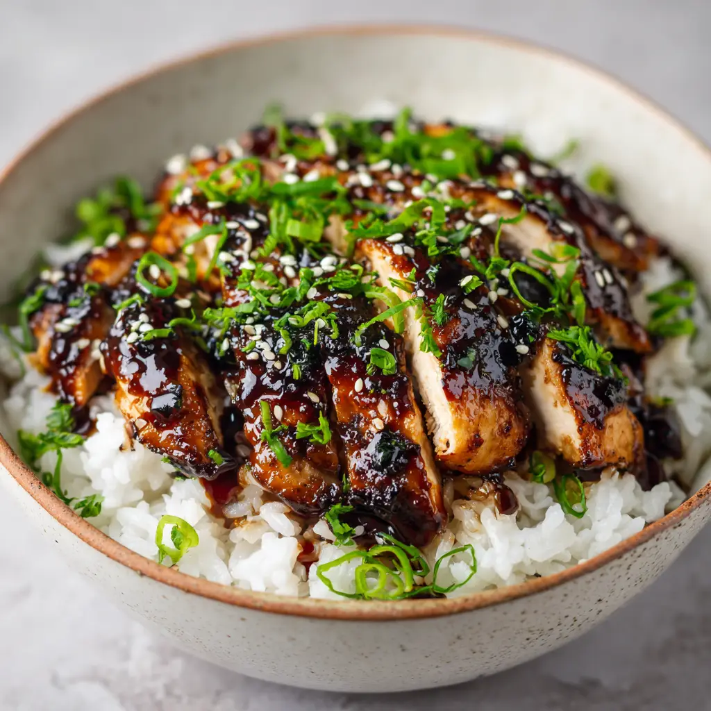 A thick, glossy, dark brown sweet teriyaki glaze coating sliced chicken, sprinkled with white sesame seeds and chopped green onions.