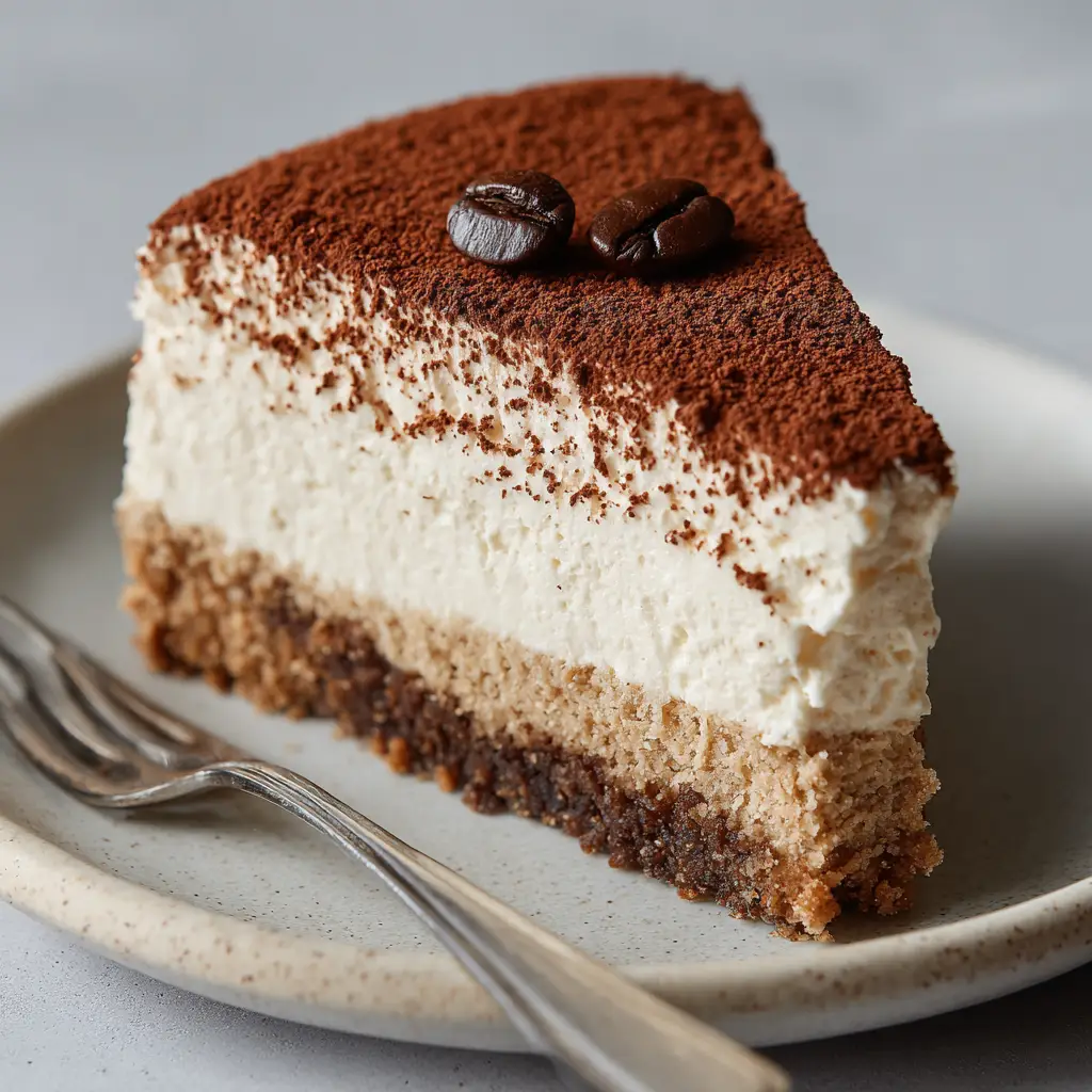 Top-down view of Vegan Tiramisu Cheesecake showcasing the heavy, matte dark brown cocoa powder dusting and single espresso bean.