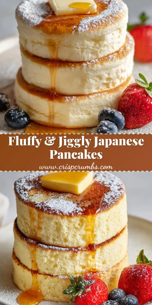 A towering stack of three ultra-thick Japanese Pancakes topped with melting butter, cascading maple syrup, and powdered sugar, served with fresh strawberries and blueberries.