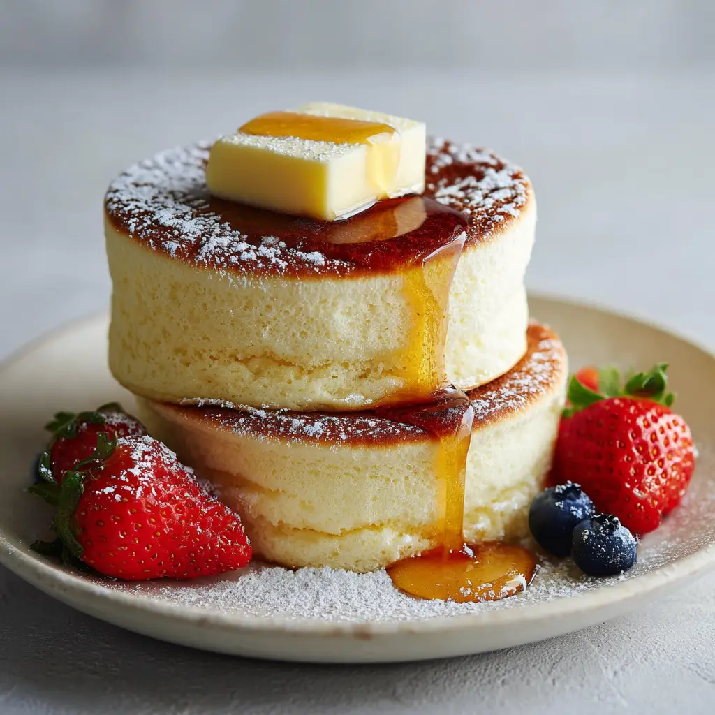 Glossy amber maple syrup cascading down the sides of a tall stack of Japanese Souffle Pancakes on a white ceramic plate.