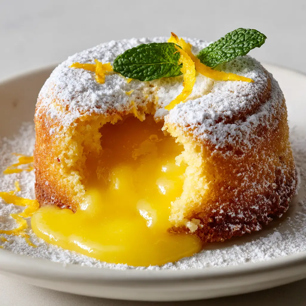 Lemon lava cake with a vibrant yellow gooey center, garnished with a fresh green mint leaf and yellow lemon zest twist.